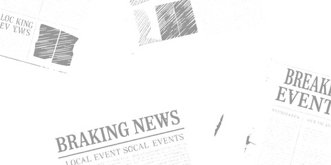 Obraz premium Grey newspaper clippings with headlines about breaking news and local events on a white background