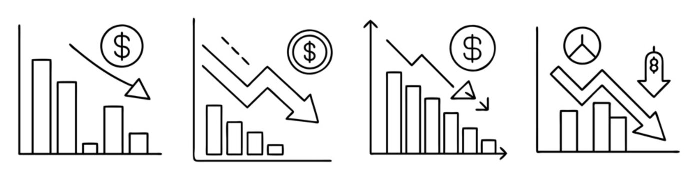 Set of four stock market diagrams showing a decline in value
