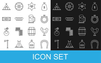 Set line Horseshoe, Wild west saddle, Canteen water bottle, Hexagram sheriff, Kayak canoe and paddle, Stacks paper money cash, Indian teepee wigwam and Wooden beer mug icon. Vector © Vadim