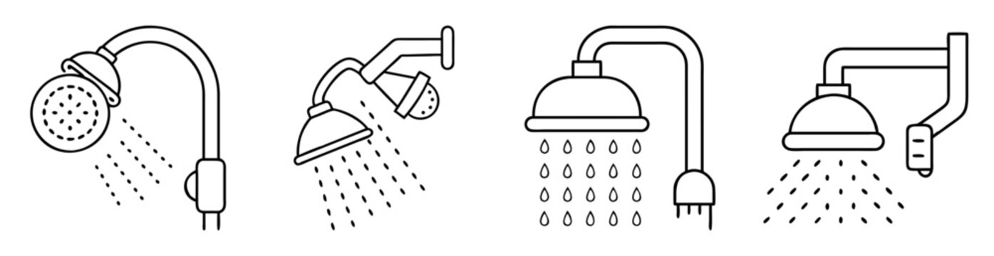 Various types of shower heads spraying water in simple line art