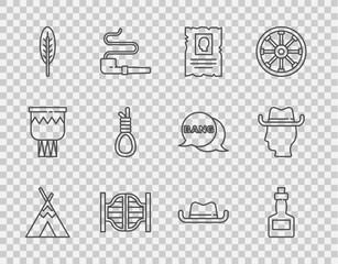 Set line Indian teepee or wigwam, Tabasco sauce, Wanted western poster, Saloon door, feather, Gallows rope loop hanging, Western cowboy hat and Cowboy icon. Vector © Vadim