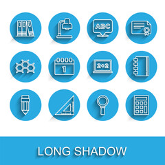 Naklejka premium Set line Pencil with eraser, Triangular ruler, Office folders, Magnifying glass, Calculator, Calendar first september date, Spiral notebook and Chalkboard icon. Vector