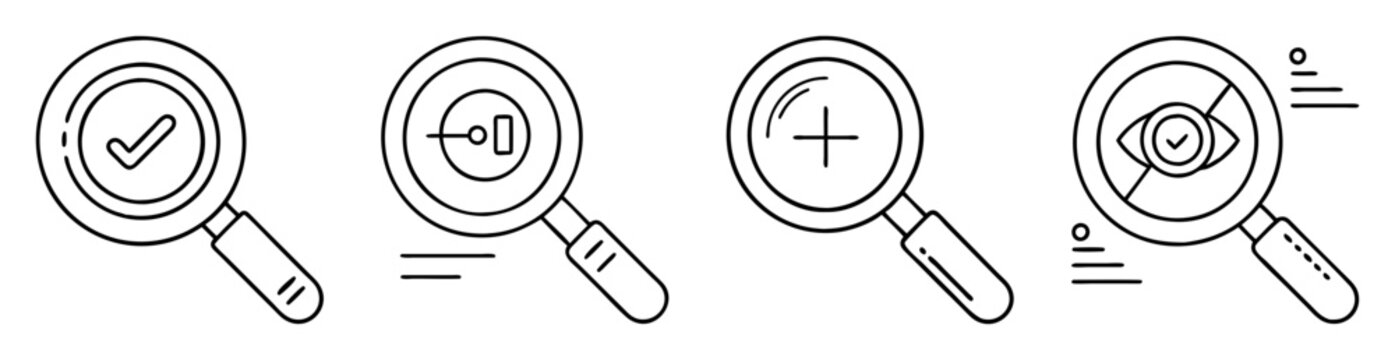 Magnifying glass icons representing search, zoom, target, validation, and business analysis