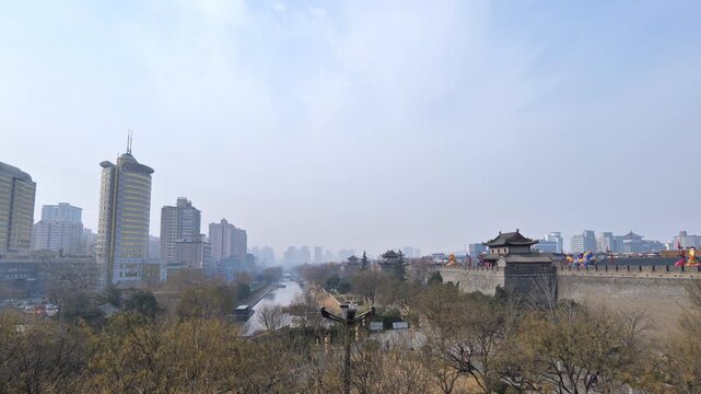 Xian city wall in China. The fortifications of Xi'an in Shaanxi, represent one of the oldest, largest, and best preserved Chinese city walls