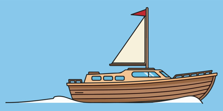 Traditional wooden fishing boat with sail on calm sea water eps 10