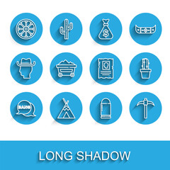 Set line Bang boom, gun Comic, Indian teepee or wigwam, Old wooden wheel, Bullet, Pickaxe, Coal mine trolley, Cactus peyote pot and Wanted western poster icon. Vector © Vadim