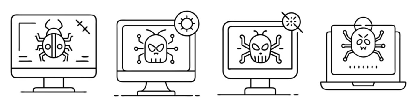 Black and white line art showing computer security virus infection warnings