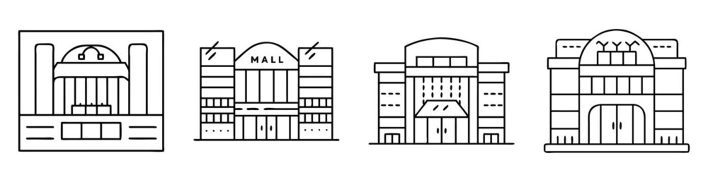 Four Line Art Building Icons Featuring a Mall and Various Facades