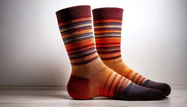 Striped socks in warm colors on a white surface.