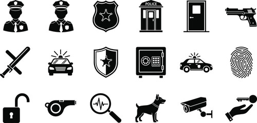 Police and security icon set featuring black silhouettes of officers, badges, patrol cars, handcuffs, weapons, surveillance cameras, fingerprints, and K9 dogs for law enforcement. © MdMeherul
