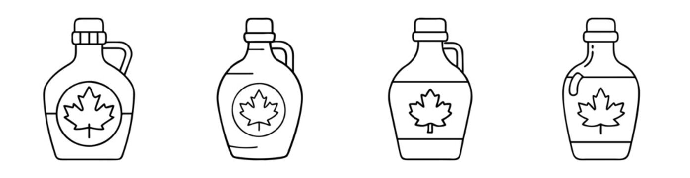 Set of minimalist line art illustrations of Canadian maple syrup bottles