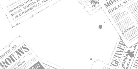 Obraz premium Faded grey newspaper clippings with large bold text and small print scattered across a white background