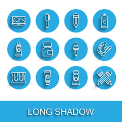 Fototapeta premium Set line Pencil sharpener, Tube with paint palette, Laptop, Crossed pencil eraser, Paint, gouache, jar, dye, brush and Pipette icon. Vector