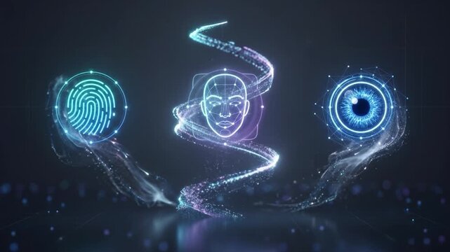 Biometric authentication fingerprint face recognition iris scan digital security technology concept with glowing holographic interface and futuristic digital icons for advanced security system
