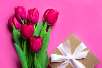 Bunch of tulips and gift box, Mother's Day concept