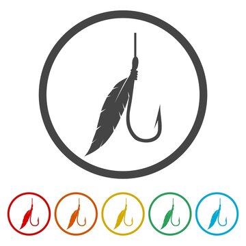 Fishing hook with feather icon. Set icons in color circle buttons