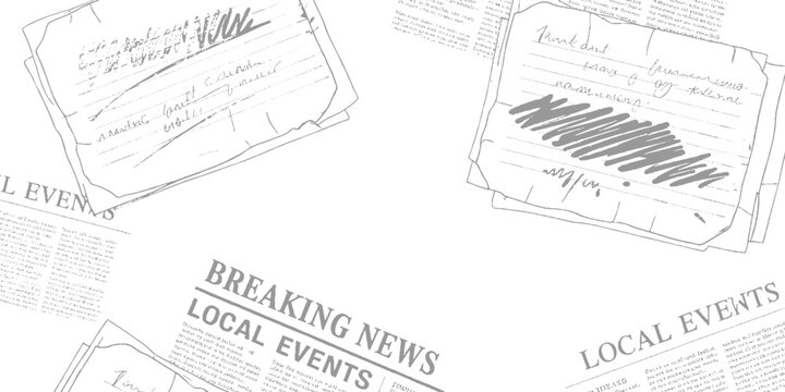 Stack of papers with handwritten notes and printed text including breaking news and local events headlines