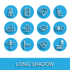 Fototapeta premium Set line Plane, Cone meteorology windsock wind vane, Stewardess, Pilot hat, Airport control tower, Airline ticket and Airship icon. Vector