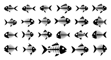 Fototapeta premium Fish Skeletons Collection, Black Icons on White Background, Marine Life
