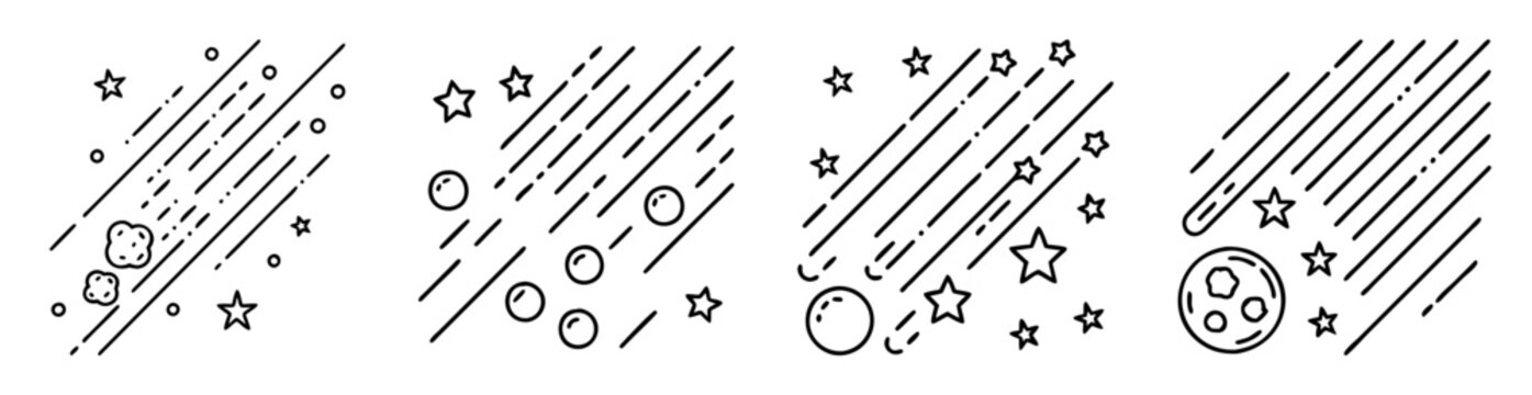 Four stylized illustrations of meteor showers with stars and celestial elements