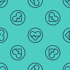 Fototapeta premium Black line Heart rate icon isolated seamless pattern on green background. Heartbeat sign. Heart pulse icon. Cardiogram icon. Vector