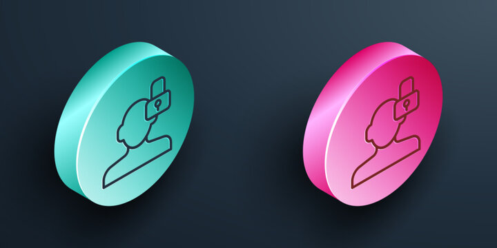 Isometric line Closed personality icon isolated on black background. Introvert psychology. Turquoise and pink circle button. Vector