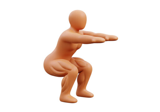 Abstract 3D Figure Performing a Deep Squat Exercise on White Background
