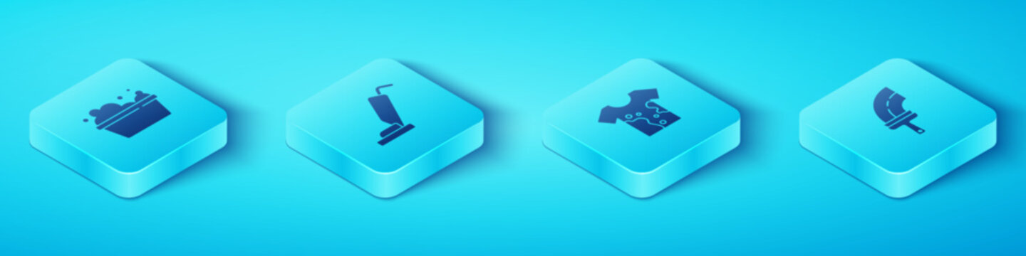 Set Isometric Basin with soap suds, Vacuum cleaner, Rubber for windows and Dirty t-shirt icon. Vector