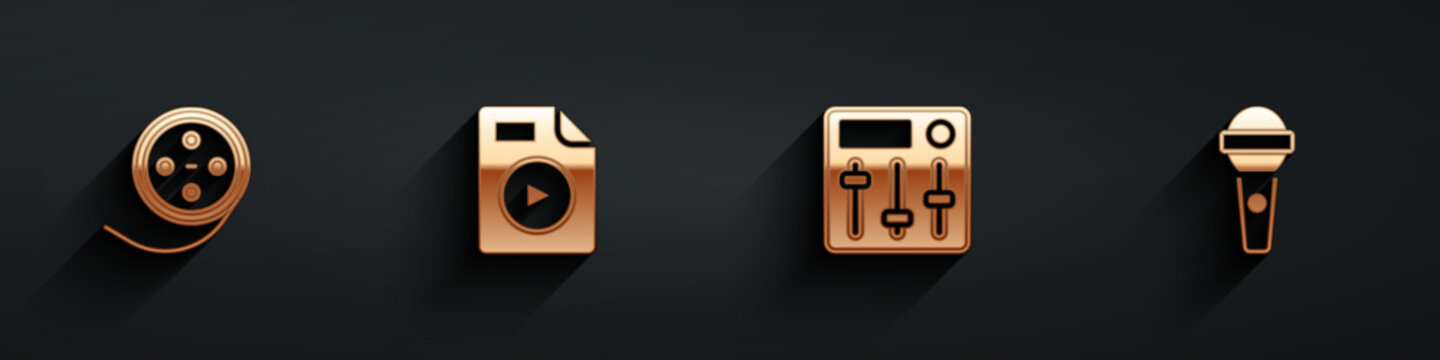 Set Film reel, AVI file document, Sound mixer controller and Microphone icon with long shadow. Vector