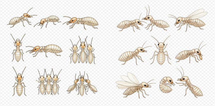 Termite colony insects in various poses, including worker, soldier, and winged forms on a transparent background.