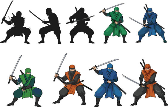 Ninja Warrior Vector Set Featuring Sword Fighting Poses, Multiple Outfits, and Silhouettes for Martial Arts and Fantasy Adventure Themes
