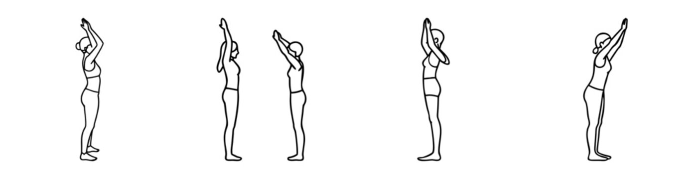 Line drawings depict different variations of the Urdhva Hastasana yoga pose