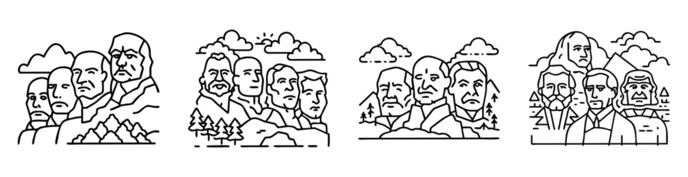 Mount Rushmore Line Art in Four Styles, Minimalist Black and White