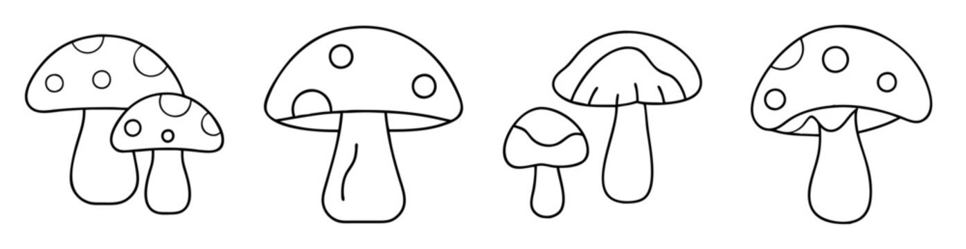 Black and white vector illustration of a group of simple mushrooms