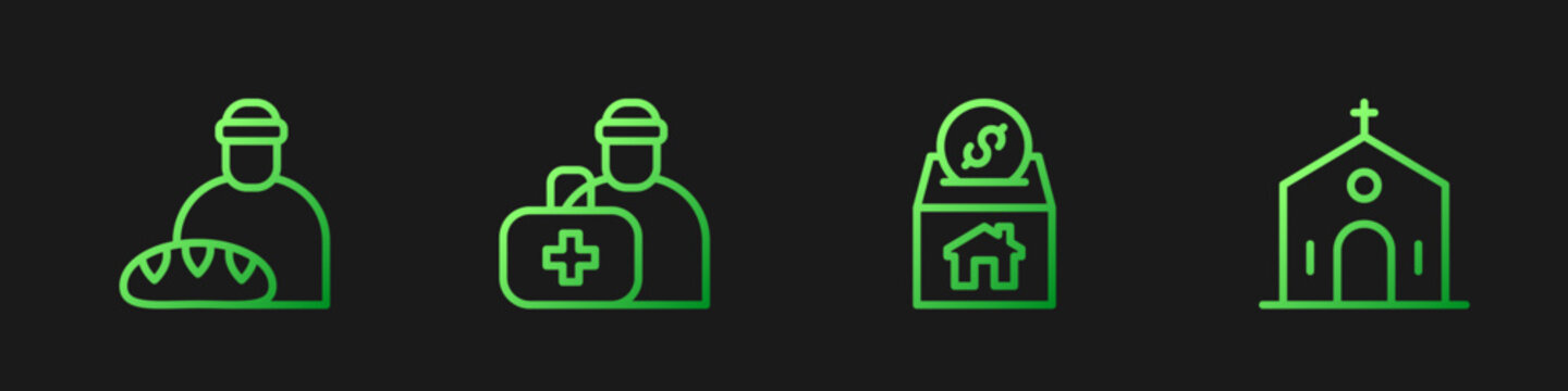 Set line Donation and charity, Feeding the homeless, First aid kit and Church building. Gradient color icons. Vector
