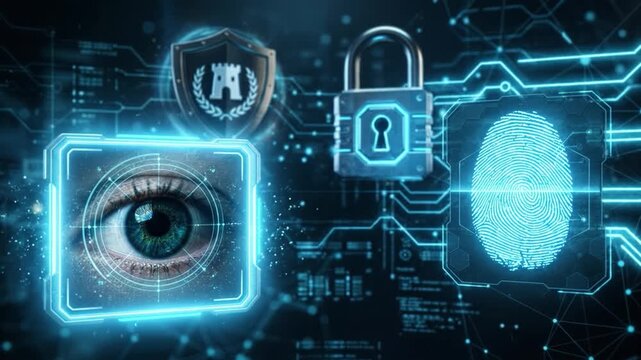 Biometric security technology featuring fingerprint and eye recognition with digital lock for cybersecurity, data protection, identity verification, and futuristic network access control