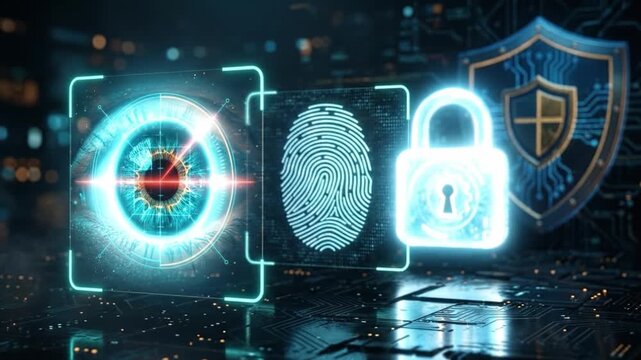 Biometric security concept featuring iris scan, fingerprint recognition, digital lock, and shield icon futuristic circuit board background representing advanced protection technology