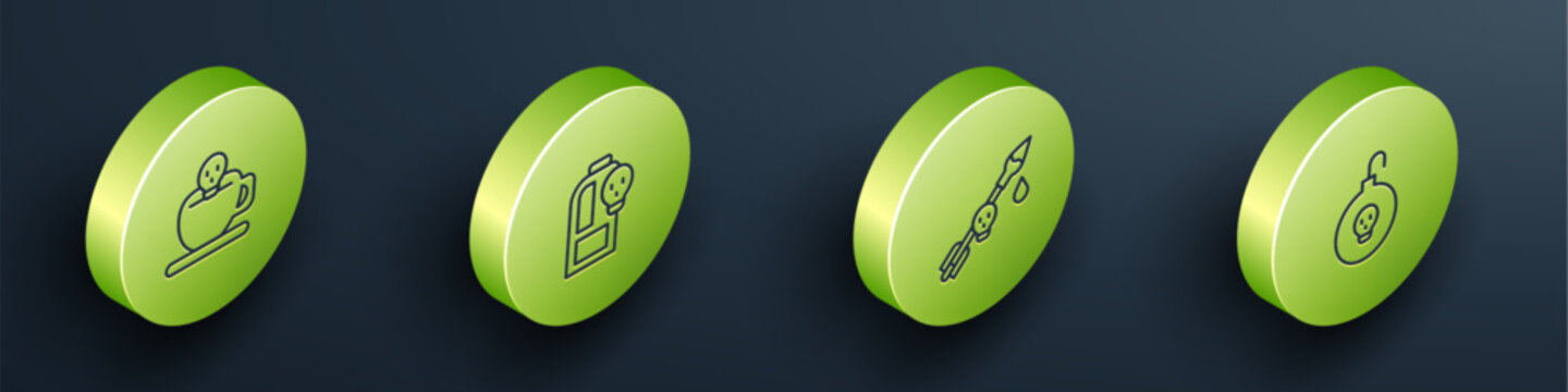 Set Isometric line Coffee cup with skull, Beaker toxic liquid, Poison on the arrow and Nuclear bomb icon. Vector