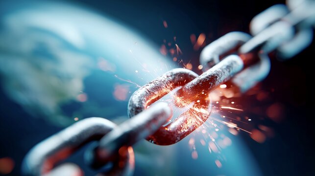 Snapped steel chain with sparks against world map, broken supply chain concept