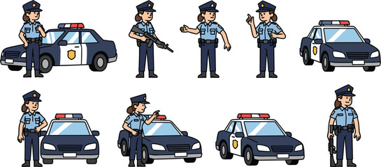 Police Officer Vector Set with Police Car, Guns, and Different Poses for Law Enforcement, Security, and Emergency Response Designs © MstRoysha