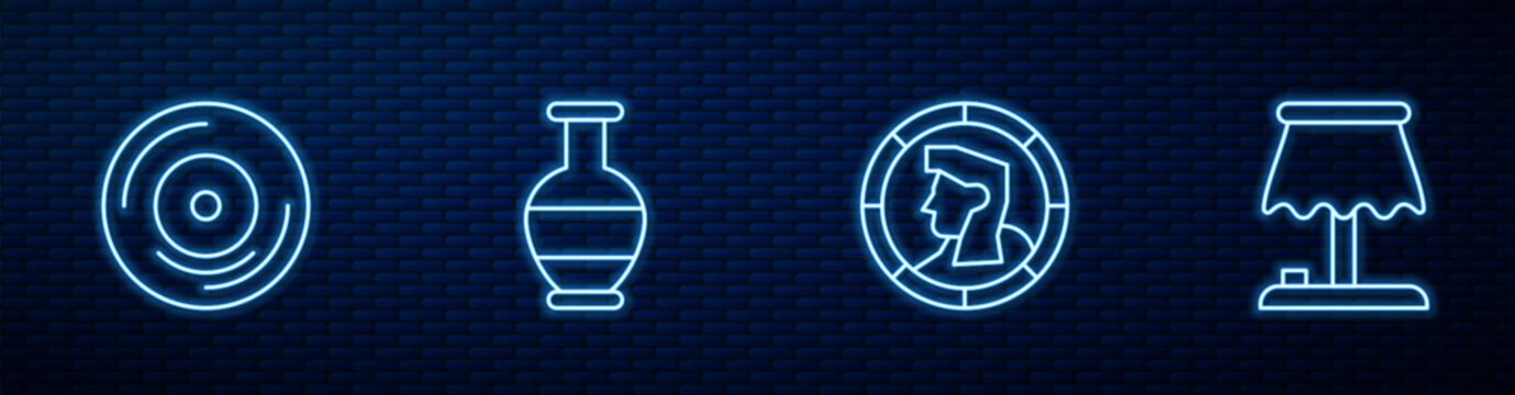 Set line Ancient coin, Vinyl disk, amphorae and Table lamp. Glowing neon icon on brick wall. Vector