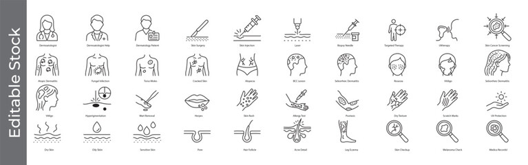 Dermatology, skin surgery, skin cancer and skin health icon set – editable outline symbols of dermatologist, biopsy, laser, skin disease, injection, surgery, rash, acne and UV protection