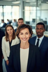 Fototapeta premium A confident business leader stands in the foreground with a team of professionals behind her in an office setting. The group is dressed in business attire, reflecting a collaborative and professional 