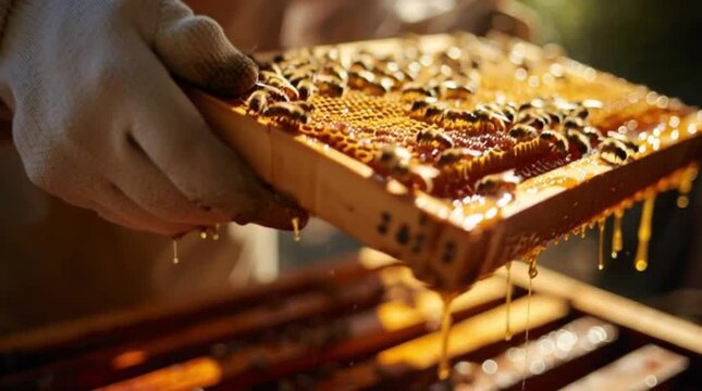 beekeeper extracting honey from hive frame.
