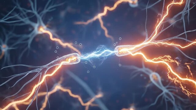 Neuron sending electrical impulse to another cell. Neural network communication. Brain activity and nervous system concept for science education. Formation of neural connections.