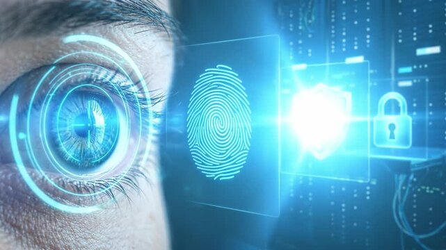 Biometric security technology featuring eye scan, fingerprint identification, and iris scan authentication for advanced digital data protection and secure access in futuristic interface design