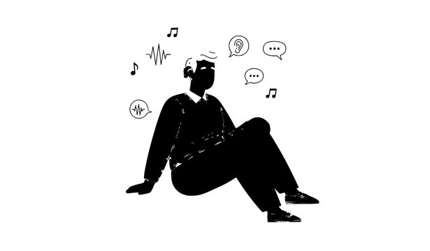 Minimalist Black Silhouette Man with Hearing Loss, Sound Waves and Communication Icons Vector Illustration