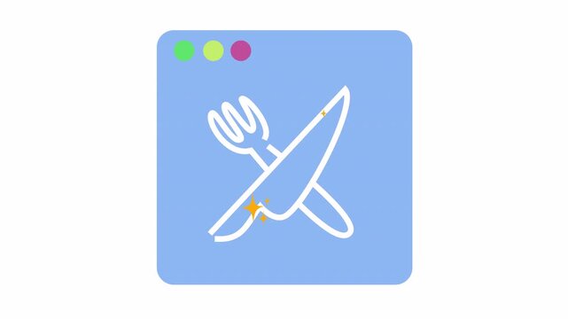 Restaurant app icon with crossed fork and knife in an alpha channel. Modern blue browser window graphic with cutlery symbol for food delivery or menu interface. Clean dining service icon animation.
