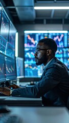Fototapeta premium Focused African American Man Analyzing Stock Market Data in a High-Tech Control Room.