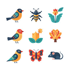 Fototapeta premium Cute Cartoon Animals and Flowers Collection: Birds, Bee, Butterfly, Mouse, Flora Icons